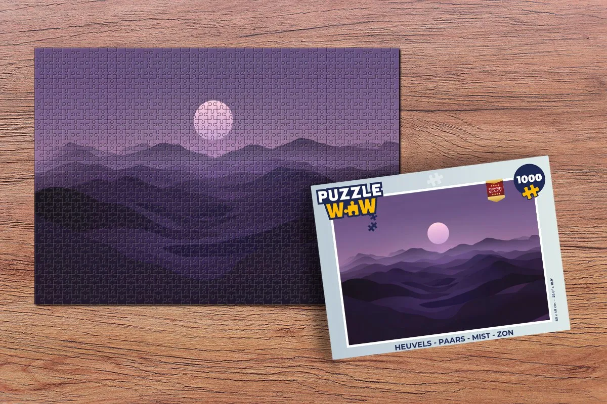 PuzzleWow Heuvels Legpuzzel 1000 Stuks - Paars/Mist/Zon