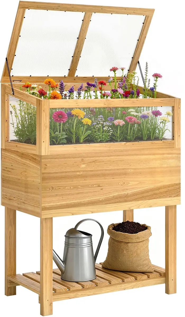 Outsunny Verhoogd plantenbed-Dennenhout, PC-plaat-80L x 45B x 108,5H cm-Naturelh