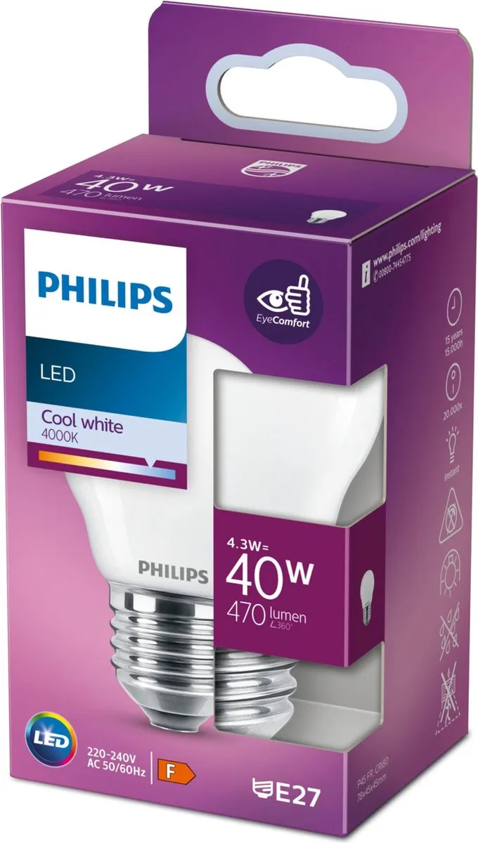 Philips LED Kogellamp E27 4.3W Koelwit Mat