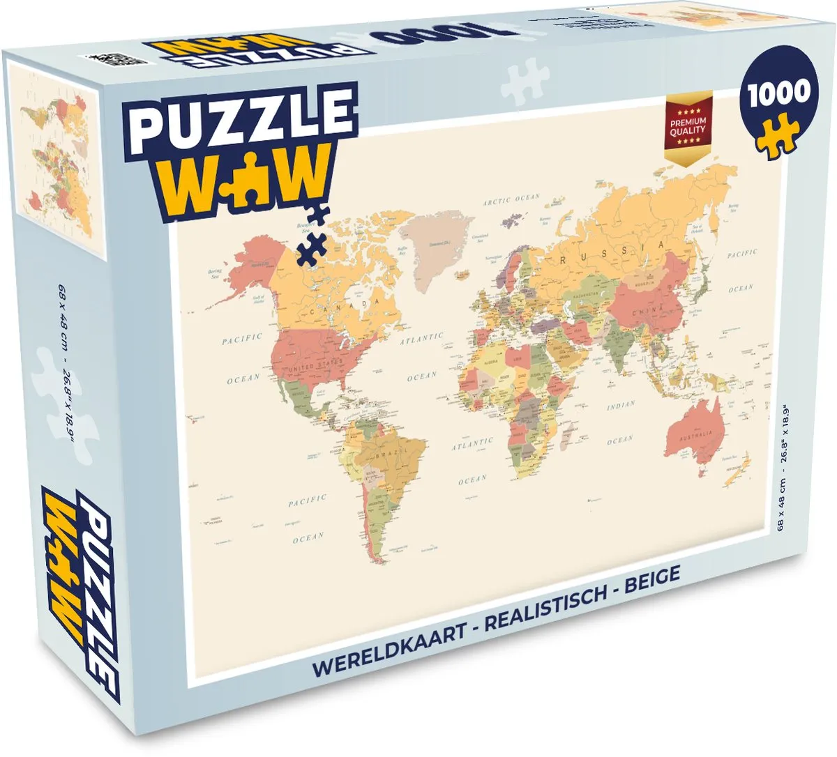 PuzzleWow Wereldkaart Legpuzzel 1000 Stuks - Beige