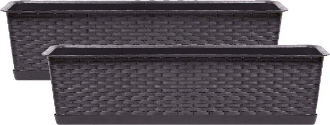 Prosperplast Kunststof plantenbak/bloembak Ratolla - 2x - rotan look - donkerbruin - 40 x 17 x 15 cm