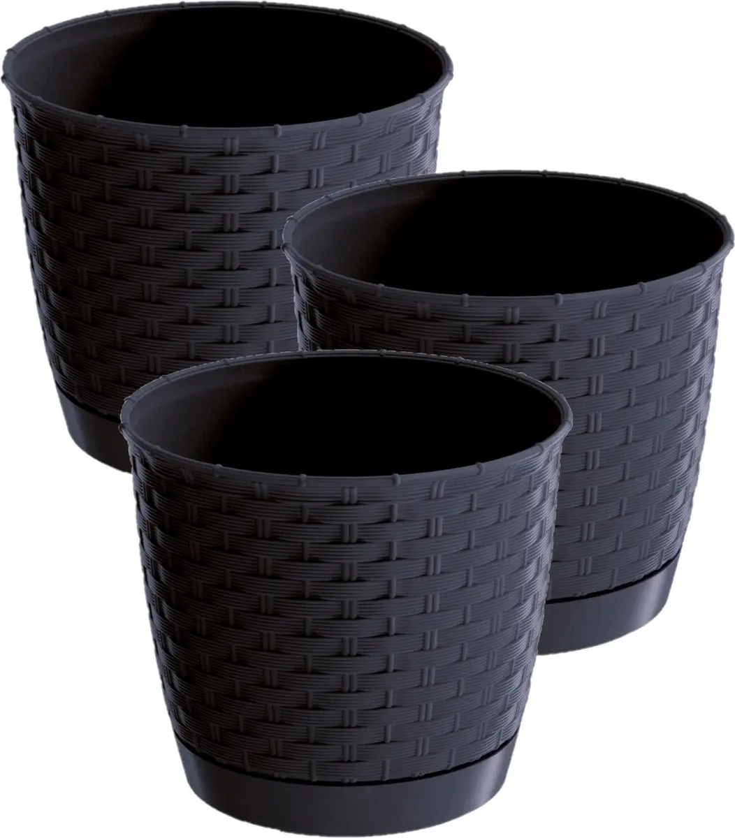 3x stuks ronde gevlochten plantenpotten/bloempotten kunststof dia 22 cm en hoogt