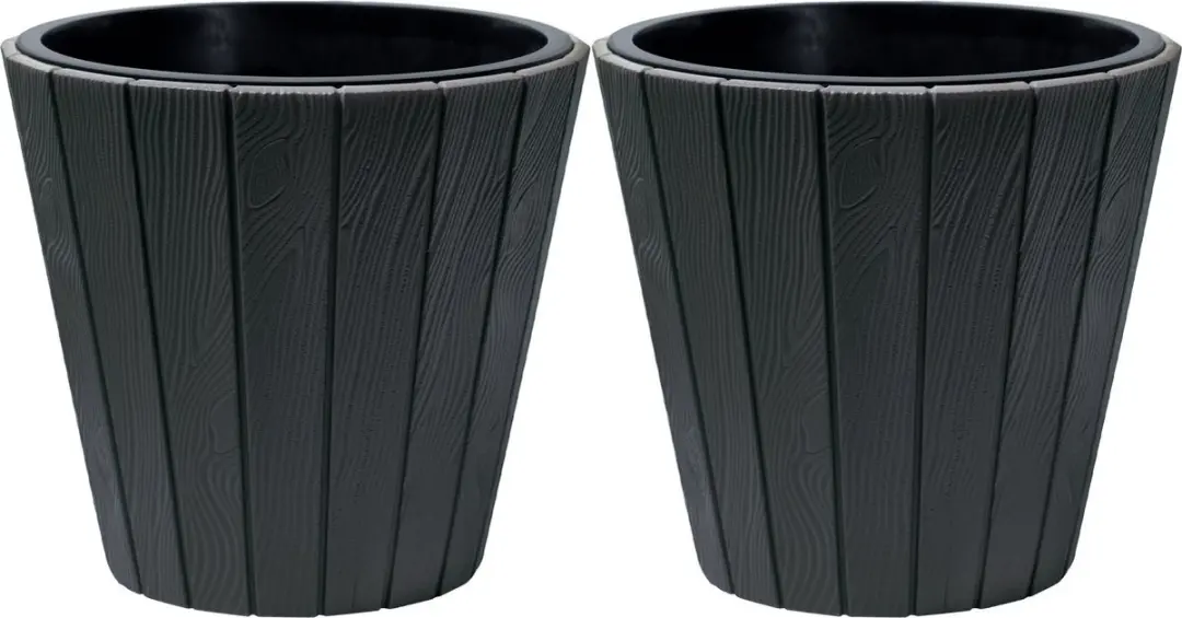 Prosperplast Plantenpot/bloempot Wood Style - 2x - buiten/binnen - kunststof - antraciet - D30 x H28 cm - met binnenpot
