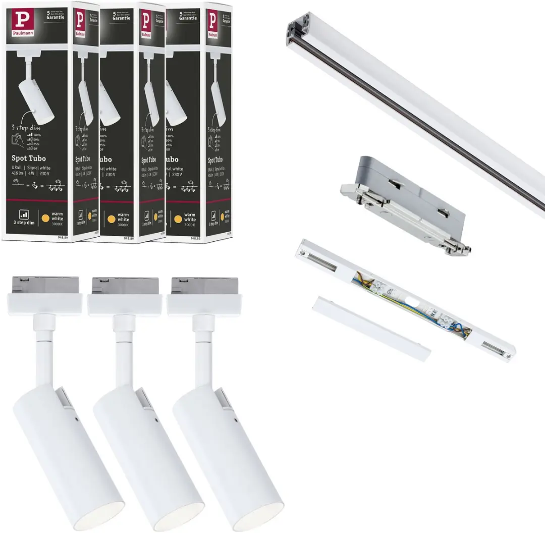 URail Railspot Tubo Startersset 3x150lm 3x4W 3000K dimbaar 230V Signaalwit