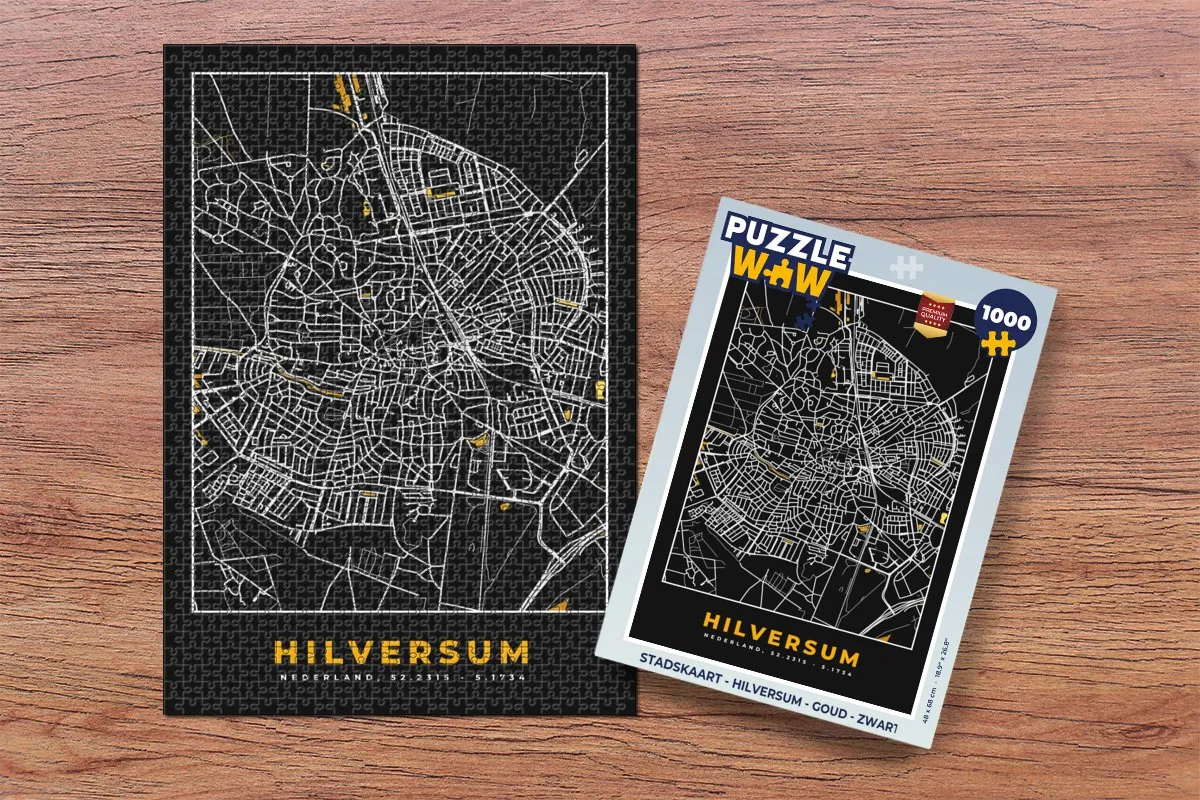 PuzzleWow Stadskaart Hilversum Legpuzzel 1000 Stuks - Goud/Zwart