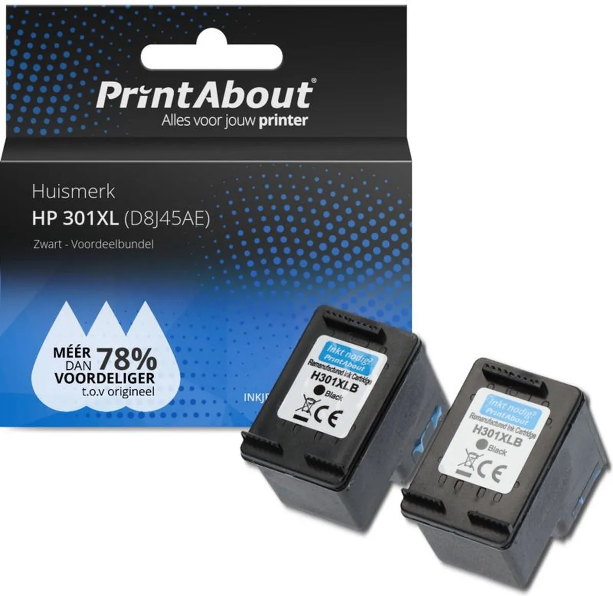 PrintAbout HP 301XL Alternatief D8J45AE Inktcartridge - Zwart 2-pack
