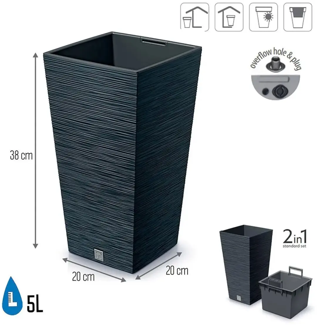 Prosperplast Furu Stripes Bloempot Antraciet 20x38cm - afbeelding 3 van 6
