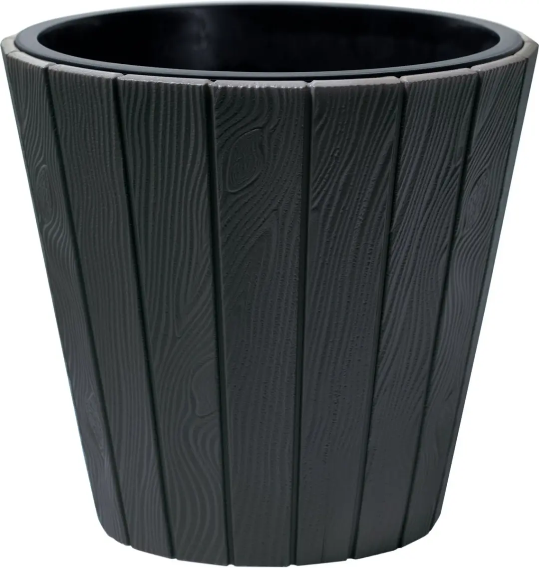 Prosperplast Plantenpot/bloempot Wood Style - buiten/binnen - kunststof - antraciet - D35 x H32 cm - met binnenpot