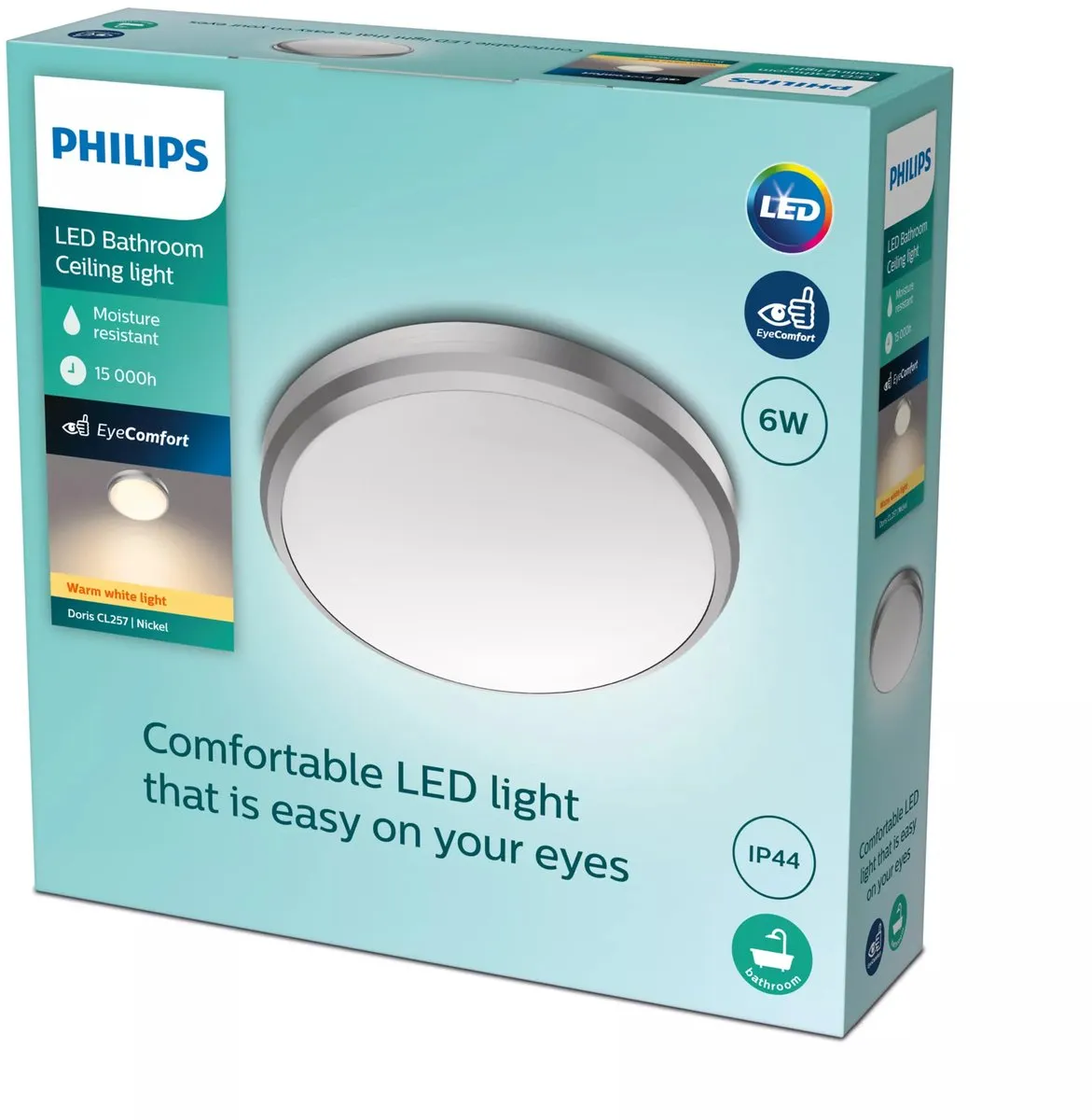 Philips Doris Badkamerplafonnière 6W - Ø22cm - Nikkel