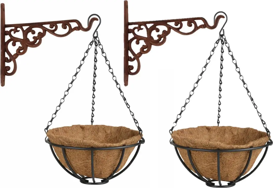 Set van 2x stuks Hanging baskets 25 cm met ijzeren muurhaken