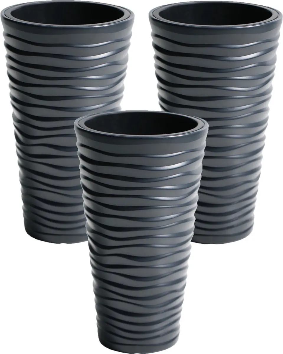 3x stuks kunststof Sand bloempot/plantenpot met binnenpot antraciet 35 x 62 cm