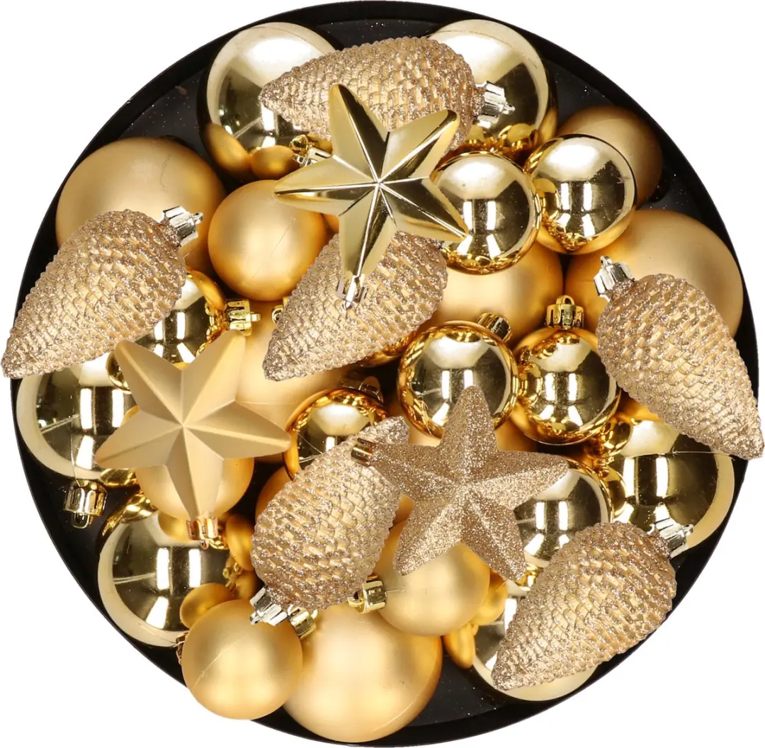 Kerstversiering kunststof kerstballen/hangers goud 6-8-10 cm pakket van 62x stuk