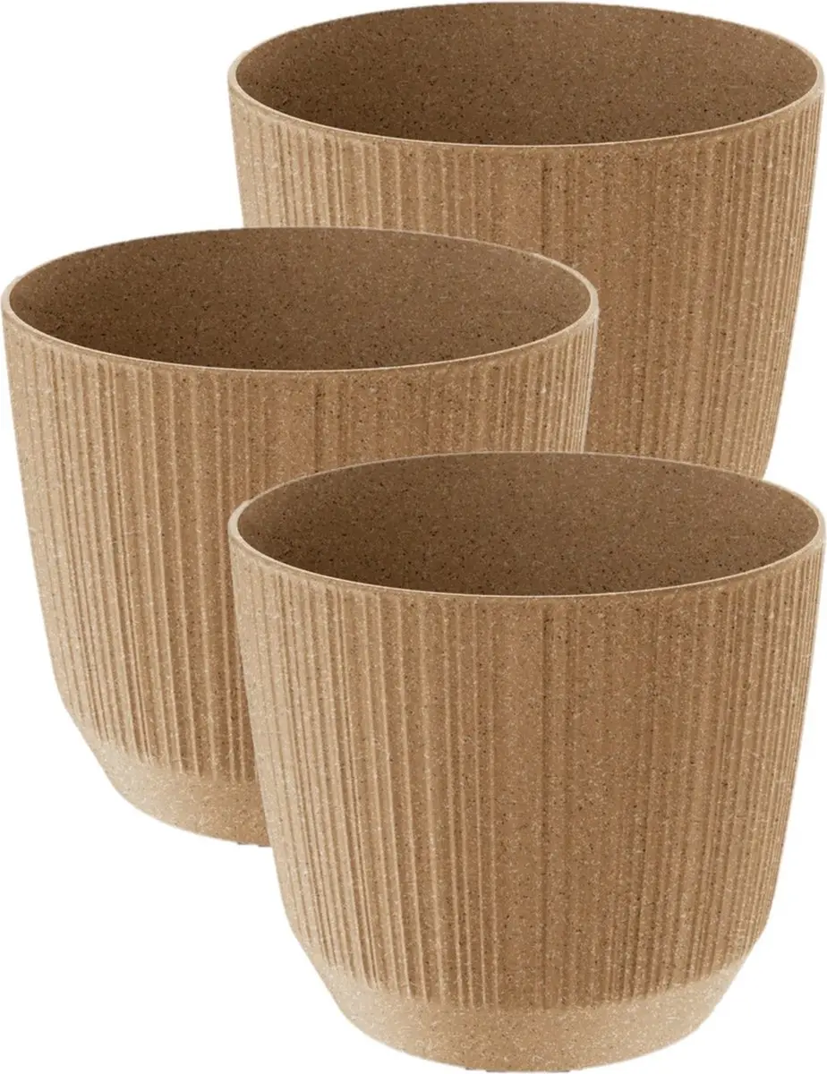 Prosperplast Plantenpot - 3x stuks - stripe - beige - kunststof - D13xH11 cm - voor binnen/buiten