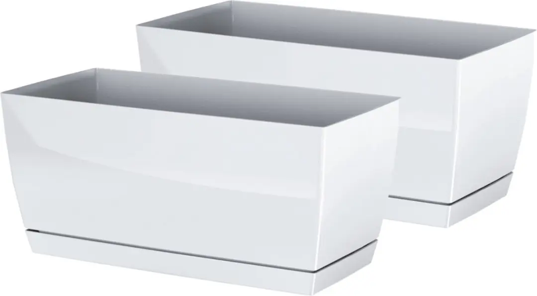 Prosperplast Plantenpot/bloempot met opvangschaal - 2x - kunststof - parel wit 29 x 14 x 14 cm - binnen/buiten