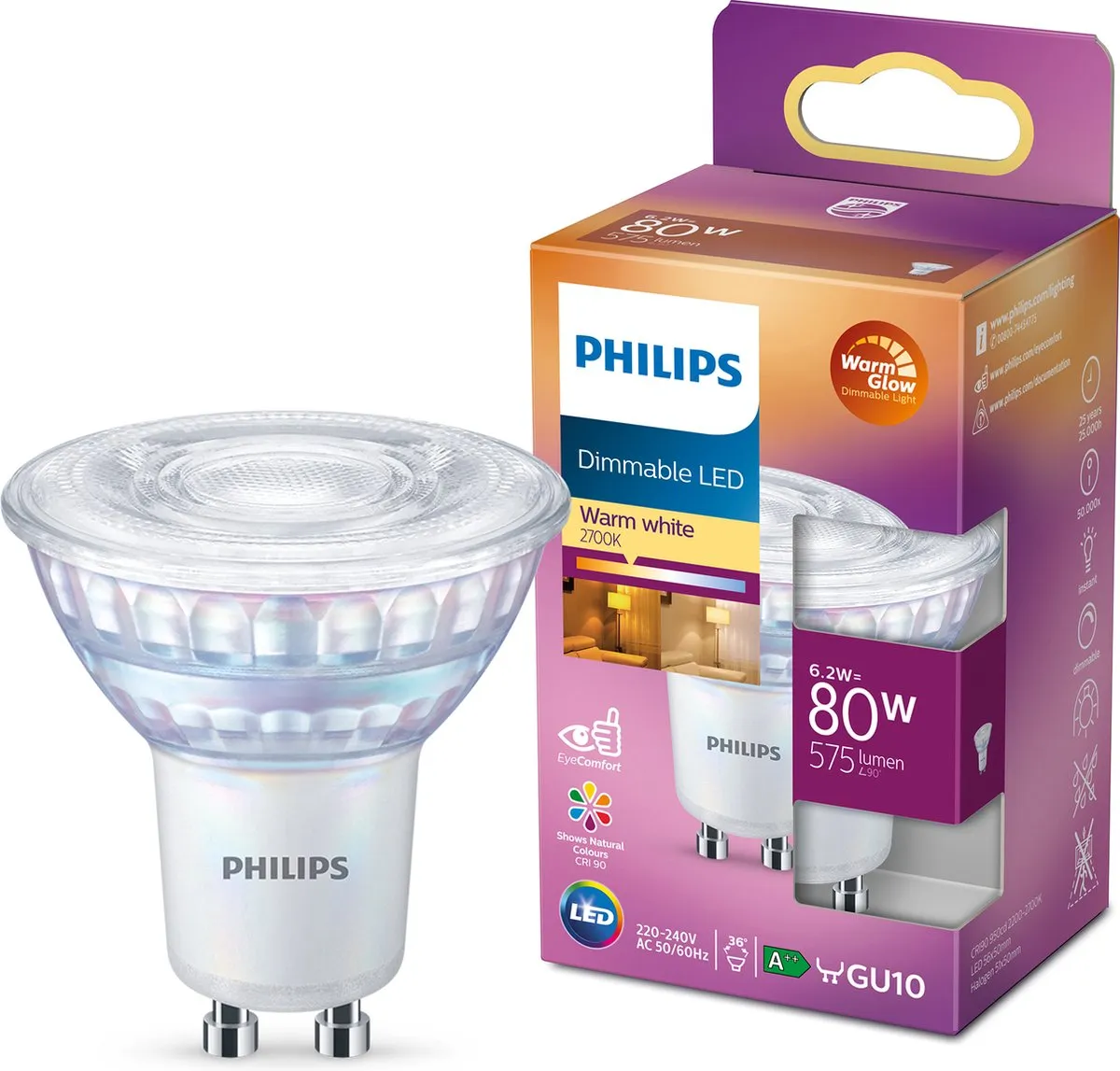 Philips LED Spot GU10 6.2W - Warmwit 2700K