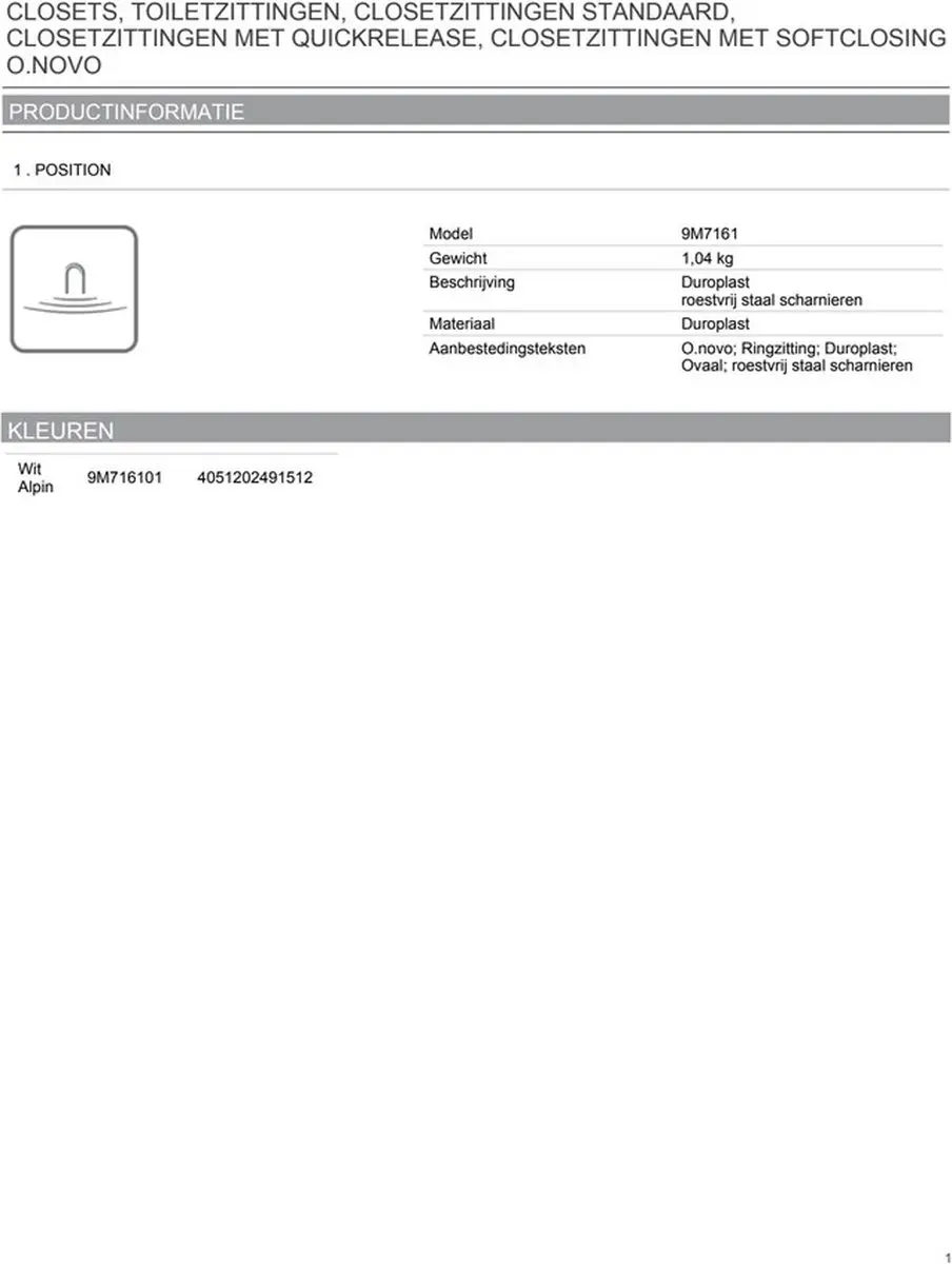 Villeroy & boch O.novo ringzitting ovaal roestvrij staal scharnieren wit
