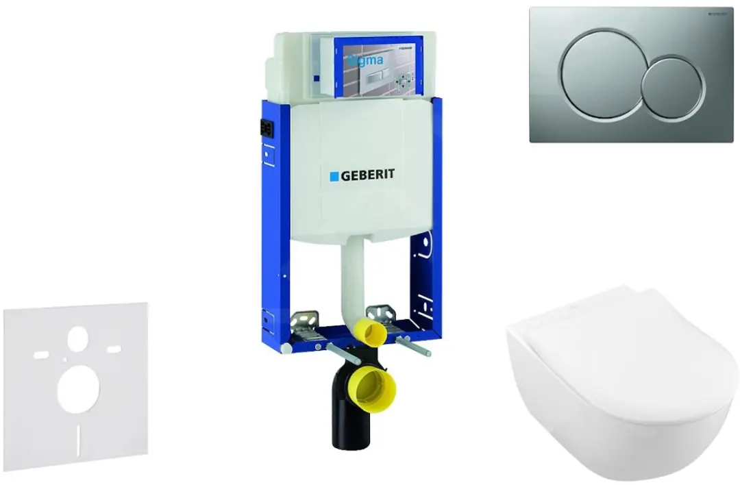 Toiletset met Sigma01 bedieningsplaat, mat chroom + Villeroy Boch hangend toilet