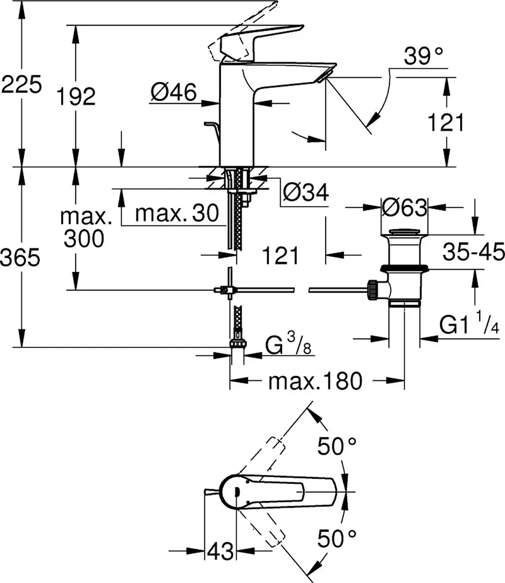 Grohe Start M-Size Wastafelmengkraan 12.1cm - Trek Waste - Mat Zwart - afbeelding 2 van 6