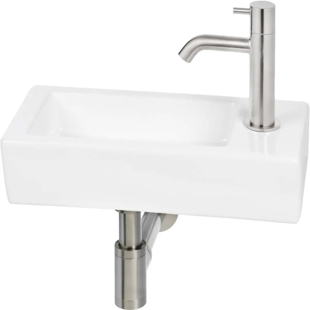 Saqu Trento fonteinset glans wit keramiek incl. rvs-look kraan rechts