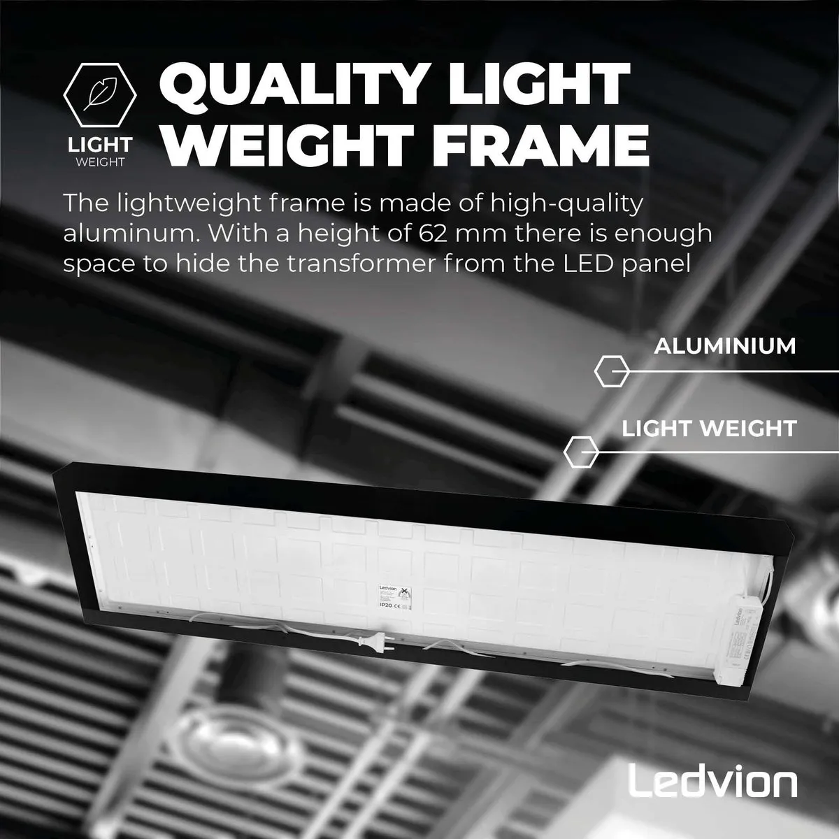 LEDVION LED Paneel Opbouw 30x120cm - 36W - Zwart - afbeelding 4 van 6