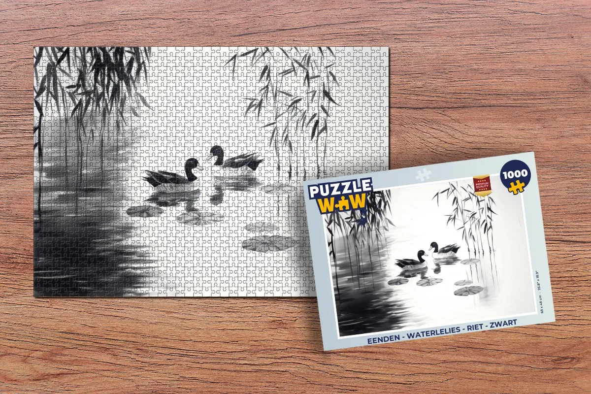 PuzzleWow Legpuzzel 1000 Stuks - Eenden & Waterlelies - Zwart