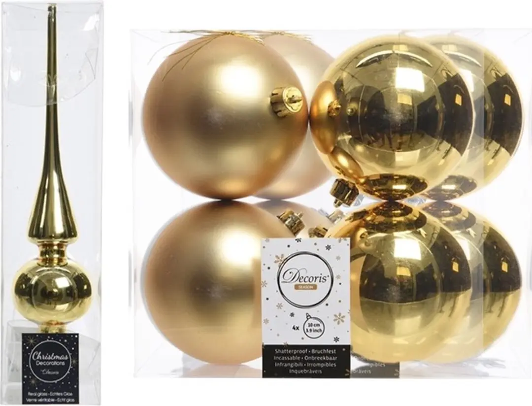 Kerstboom decoratie goud piek en 8x kerstballen 10 cm