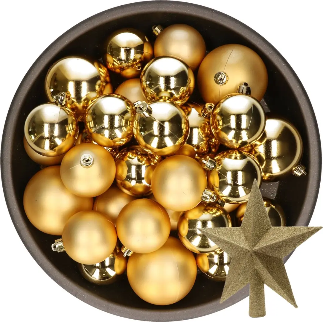 Kerstversiering kunststof kerstballen met piek goud 6-8-10 cm pakket van 45x stu