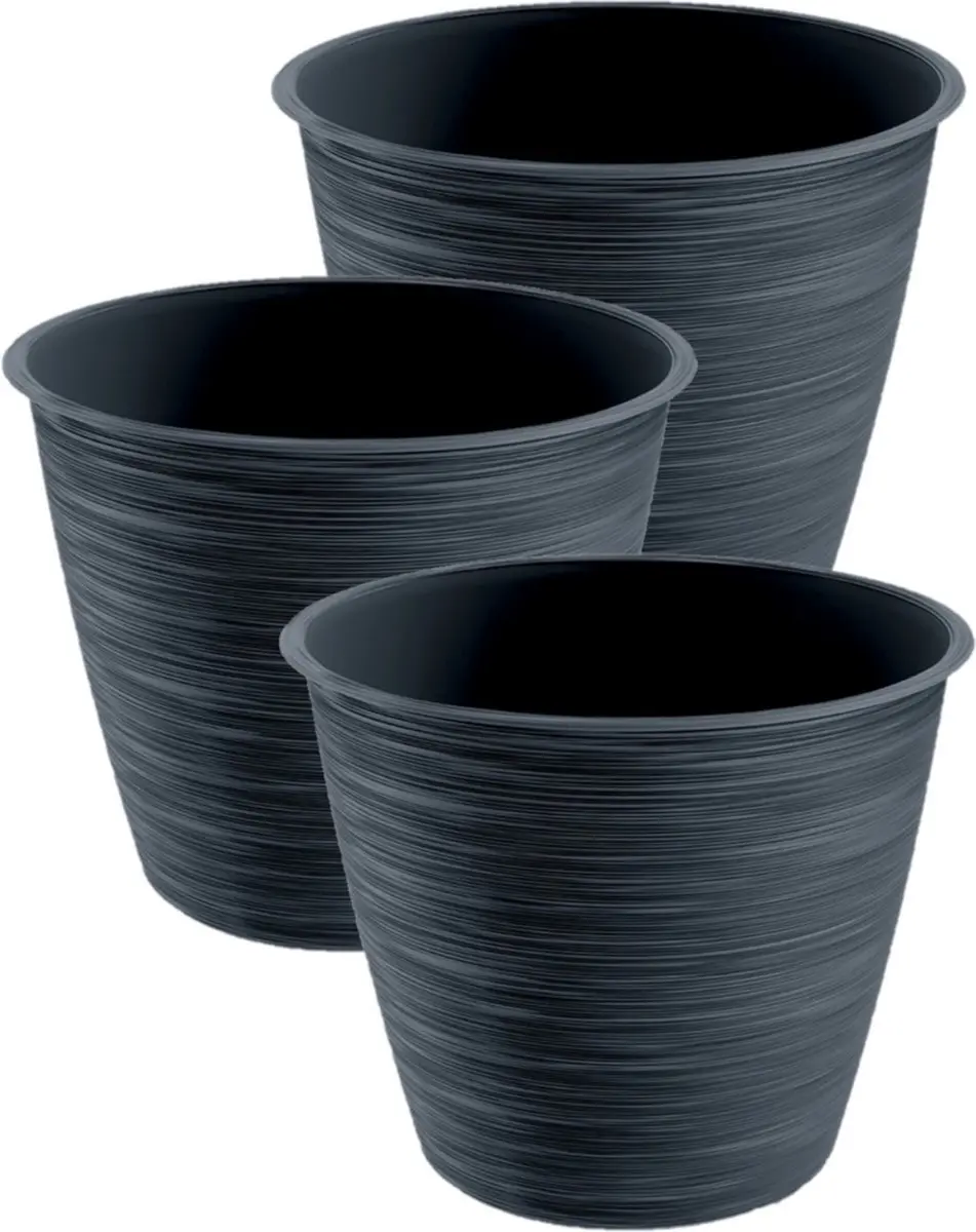Prosperplast Plantenpot/bloempot Paintstripe - 3x stuks - kunststof - antraciet grijs - 25 x 30 cm - binnen/buiten