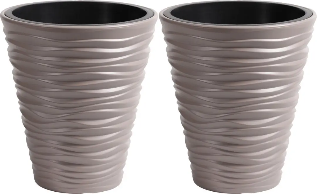 Prosperplast Plantenpot/bloempot Sand Dunes - 2x - buiten/binnen - kunststof - beige - D35 x H38 cm - met binnenpot