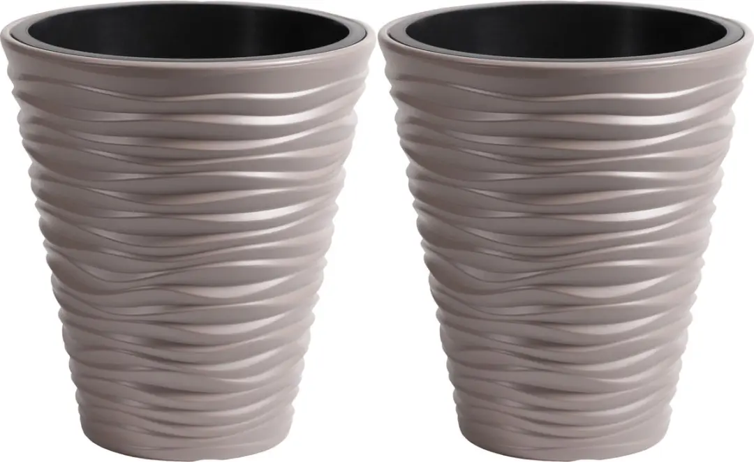 Prosperplast Plantenpot/bloempot Sand Dunes - 2x - buiten/binnen - kunststof - beige - D30 x H33 cm - met binnenpot