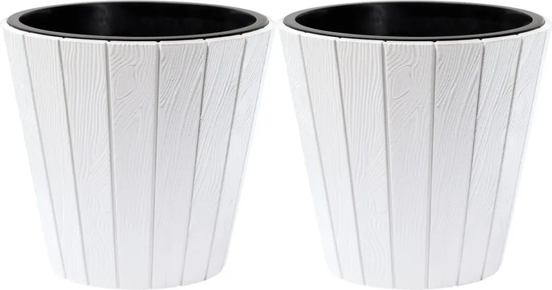Prosperplast Plantenpot/bloempot Wood Style - 2x - buiten/binnen - kunststof - wit - D35 x H32 cm - met binnenpot