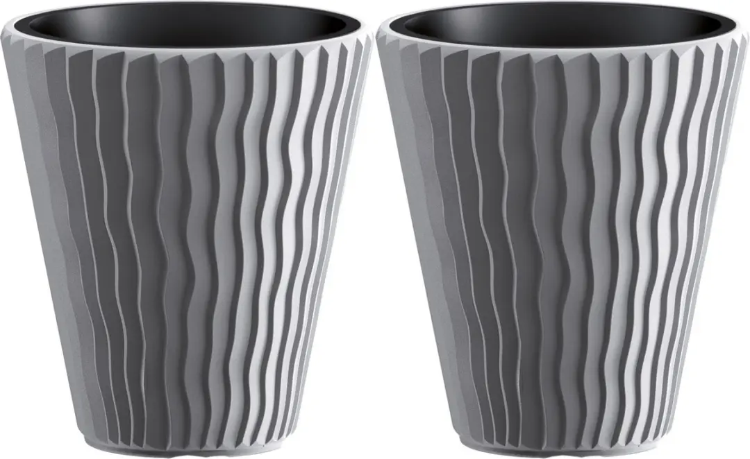 Prosperplast Plantenpot/bloempot Sand Waves - 2x - buiten/binnen - kunststof - steengrijs - D35 x H38 cm - met binnenpot