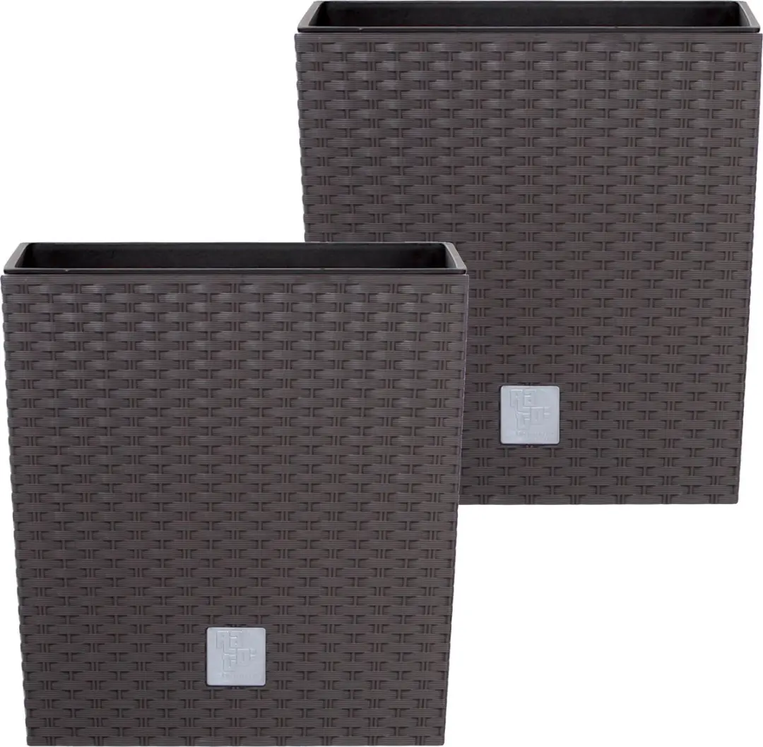 Prosperplast Bloempot/plantenpot Rato - 2x - rotan look - met binnenpot - bruin - 32 x 32 x 33 cm - kunststof
