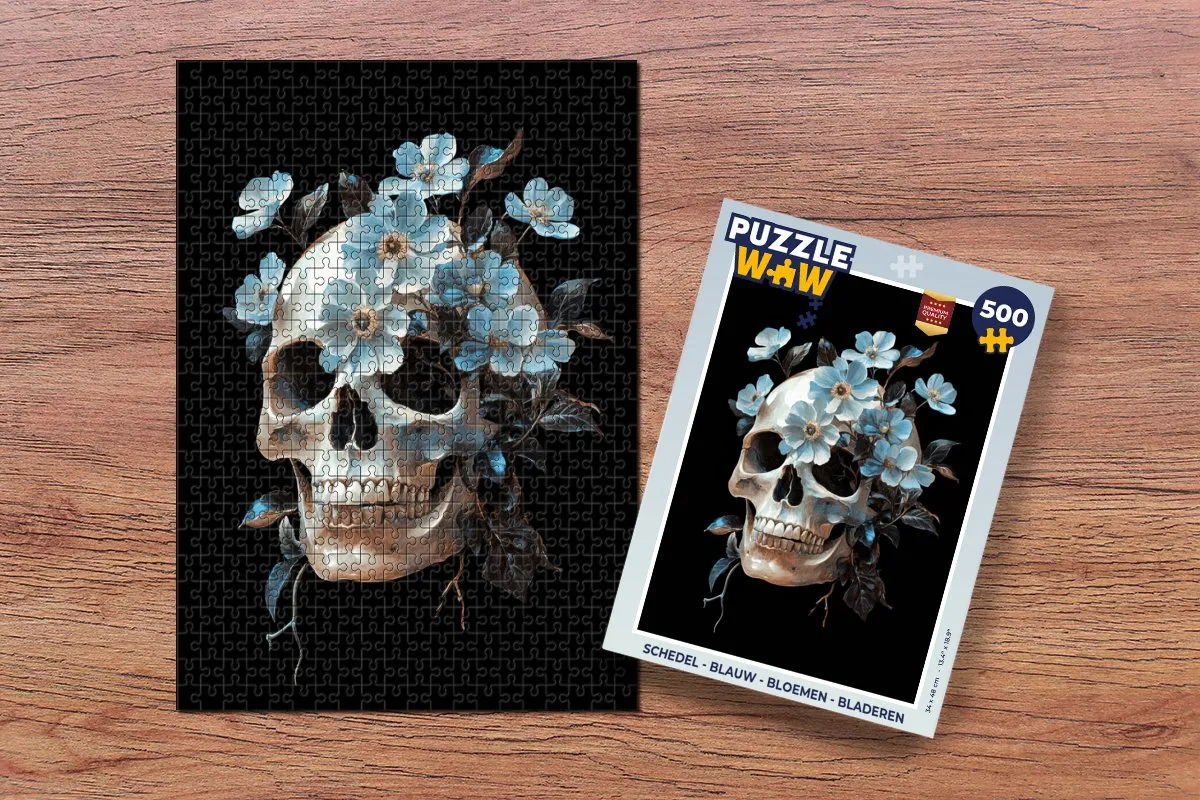 PuzzleWow Schedel Bloemen Legpuzzel 500 Stuks - Blauw