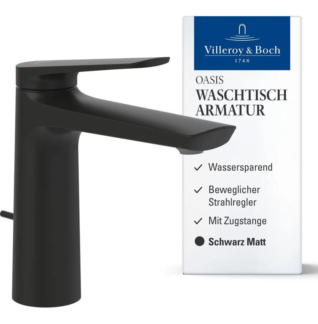 Villeroy & Boch Oasis wastafelmengkraan, trekstang, waterbesparend, mat zwart, 1