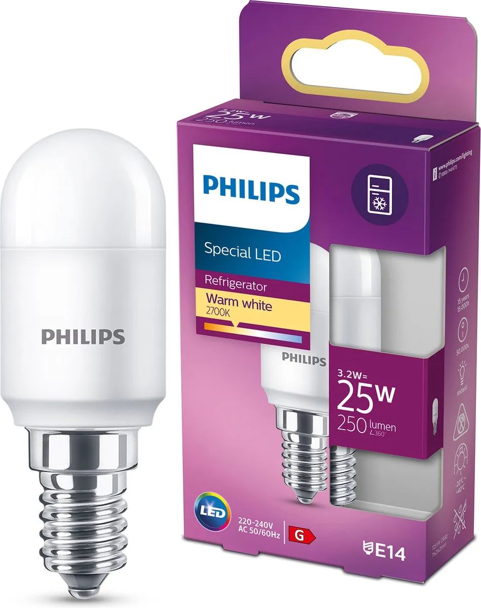 Philips LED T25 Mat Koelkastlampje 3.2W E14 Warmwit