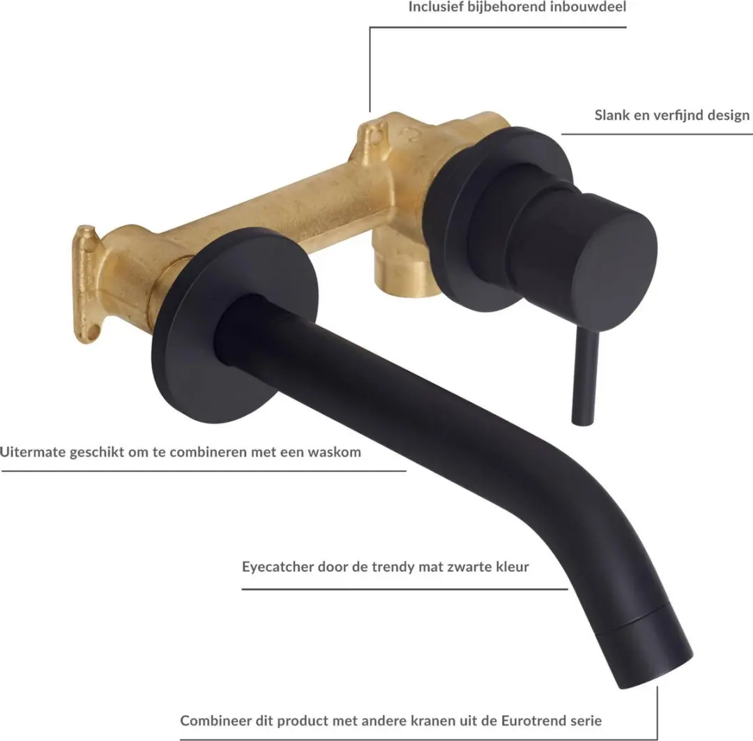 Saqu Eurotrend Inbouw Wastafelkraan Mat Zwart - 10.3L/min - afbeelding 6 van 6