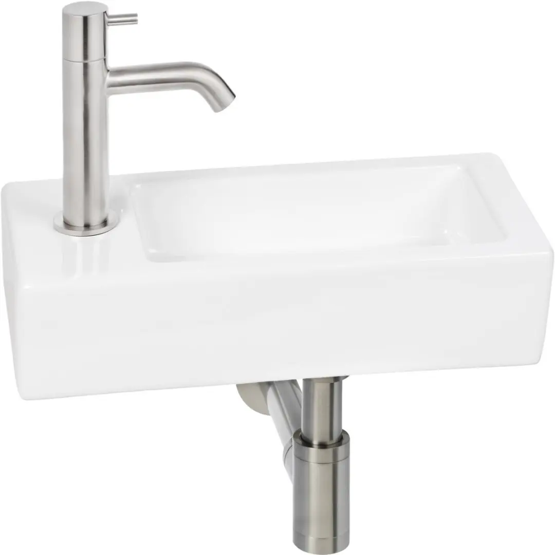 Saqu Trento fonteinset glans wit keramiek incl. rvs-look kraan links