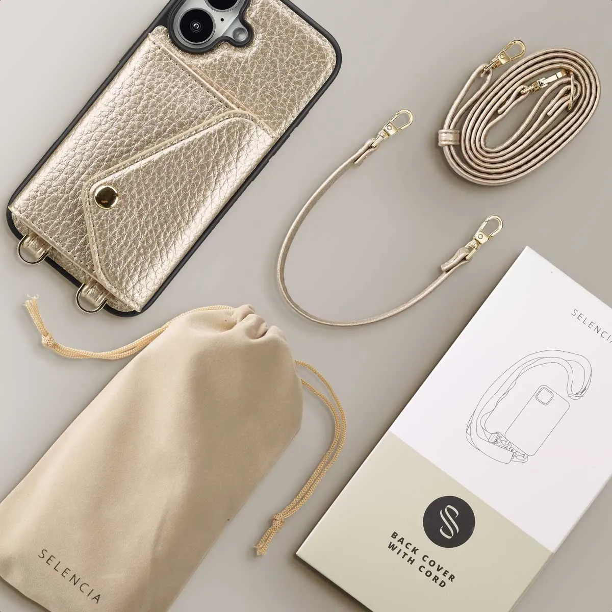 Selencia Sera Koordhoes iPhone 16 - Champagne - 3 Pasjes - afbeelding 6 van 6