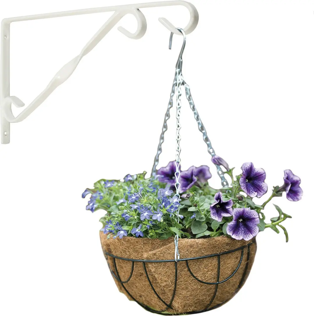 Hanging basket donkergroen 30 cm met klassieke muurhaak wit en kokos inlegvel