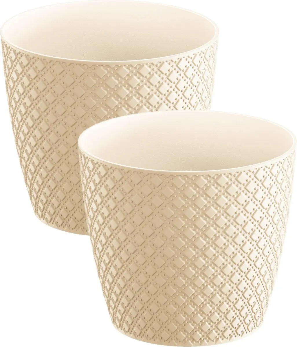 2x stuks orient stijl plantenpot/bloempot kunststof dia 16 cm en hoogte 14 cm in het creme wit voor binnen/buiten