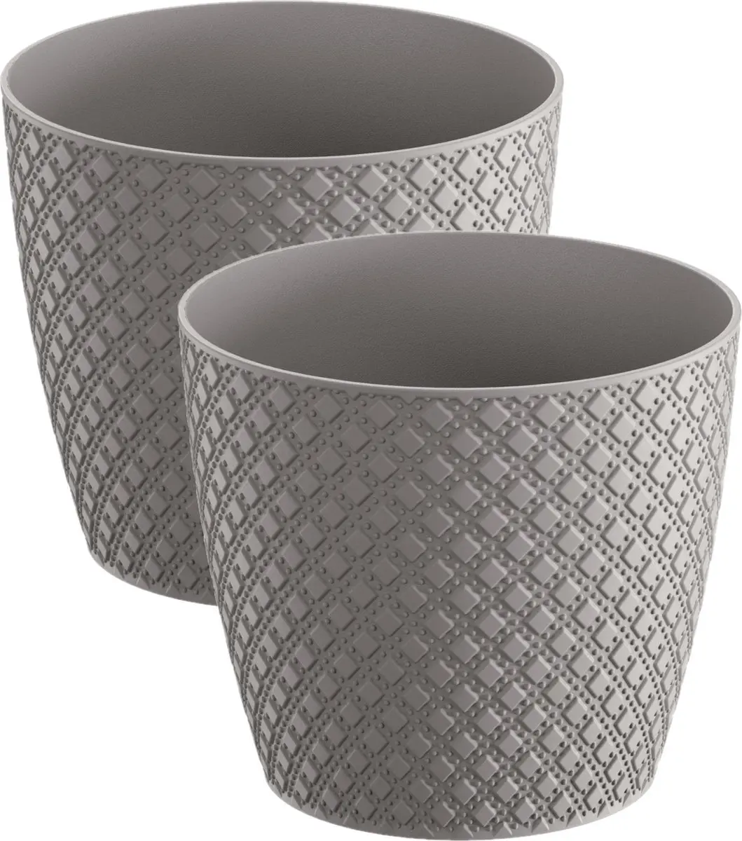 Prosperplast Plantenpot Orient stijl - 2x stuks - steengrijs - D26 x H23 cm - kunststof - voor binnen / buiten