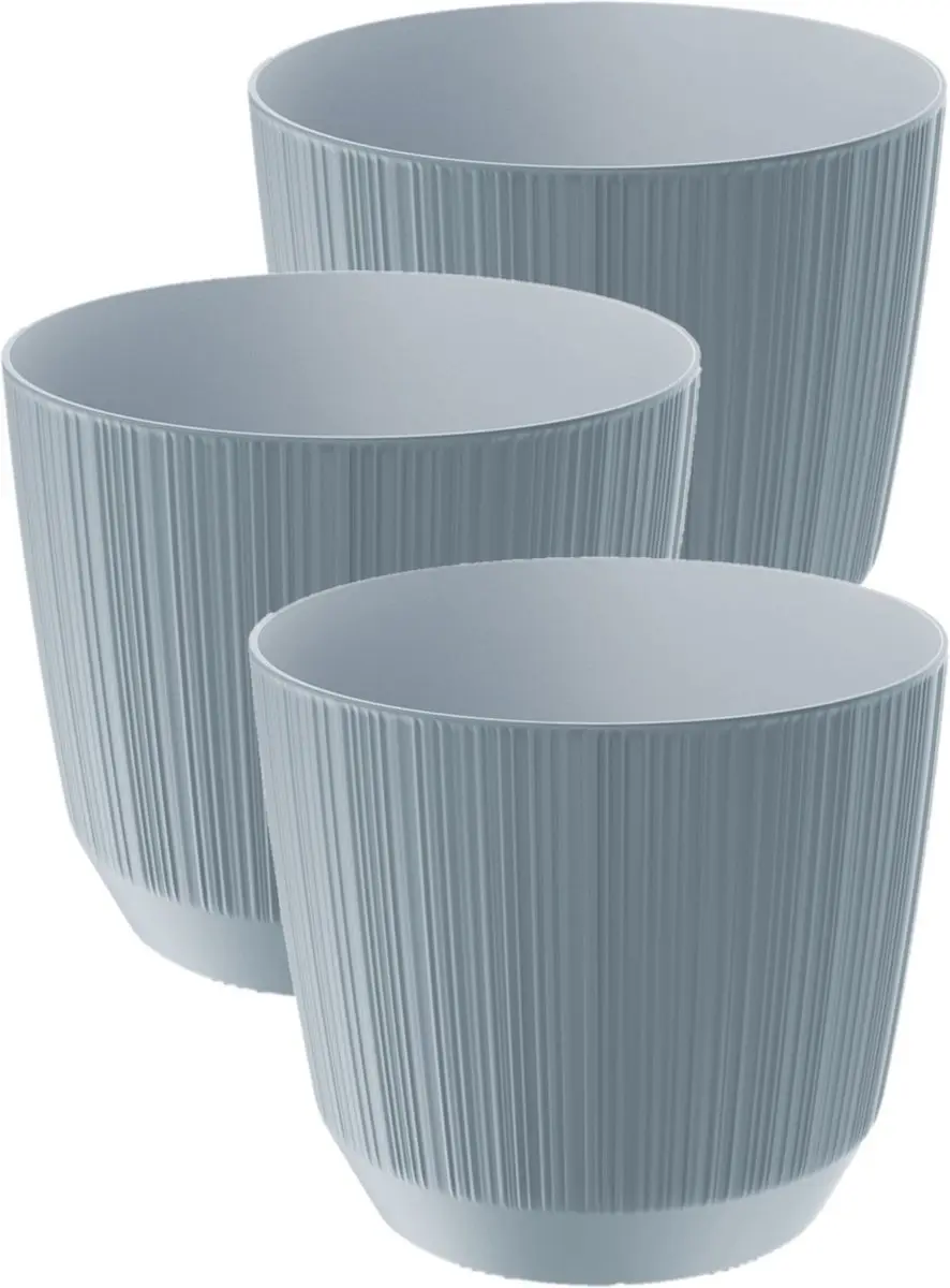 Prosperplast Plantenpot - 3x stuks - stripe - steengrijs - kunststof - D13xH11 cm - voor binnen/buiten