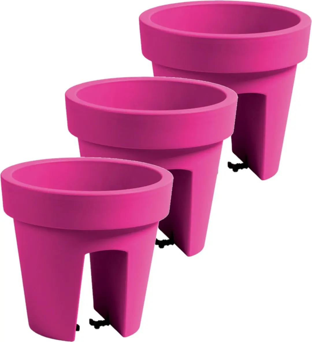 Balkon plantenpot/bloempot - 3x stuks - fuchsia roze - 5 liter - kunststof - D25 x H23 cm - met relingklem