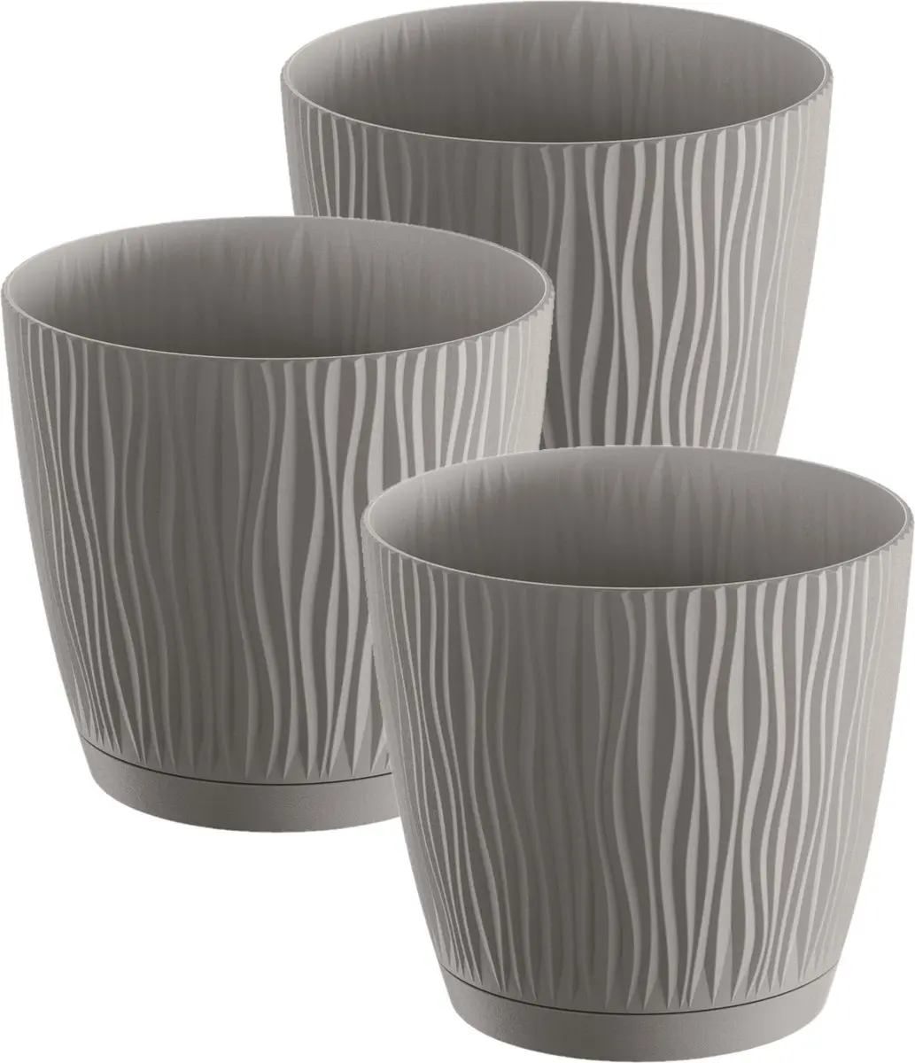 Prosperplast Plantenpot/bloempot Waves - 3x stuks - kunststof - steengrijs - D24 x H23 cm - binnen/buiten - met opvangschaal