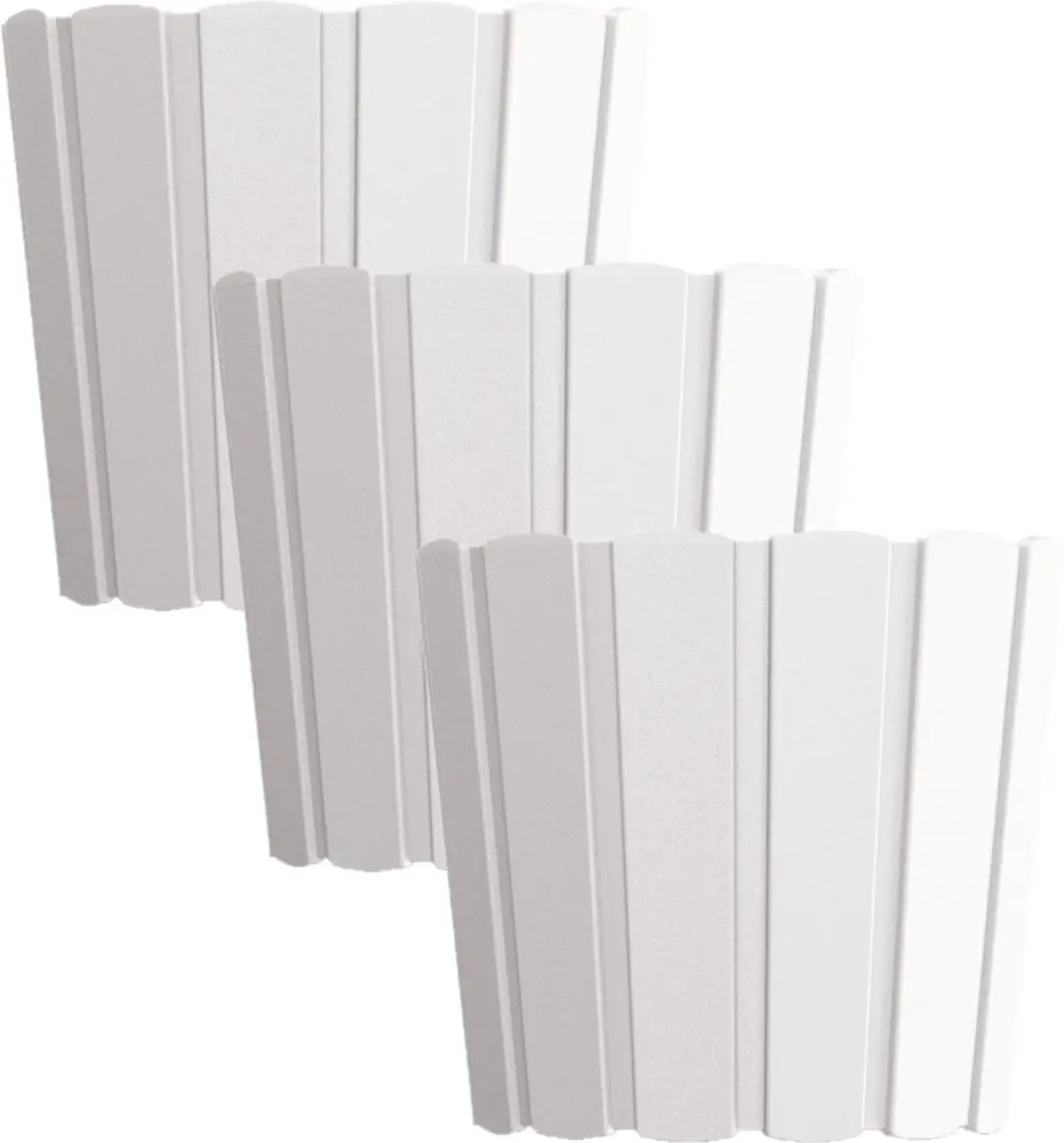 Set van 3x stuks wood-look plantenpot/bloempot kunststof dia 20 cm/hoogte 18 cm parel wit voor binnen/buiten