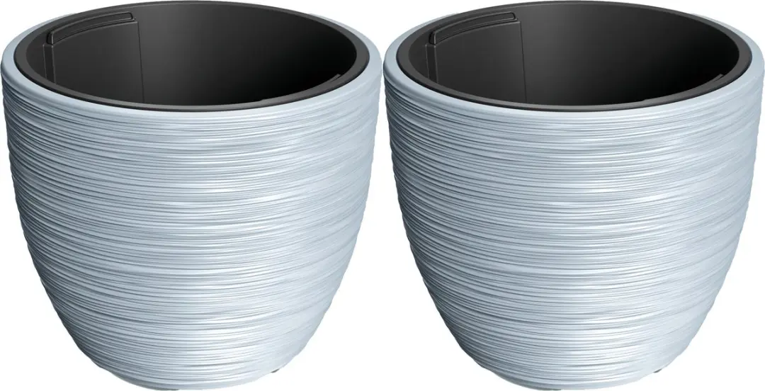 Prosperplast Plantenpot/bloempot Furu Stripes - 2x - buiten/binnen - kunststof - antraciet - D35 x H35 cm - met binnenpot