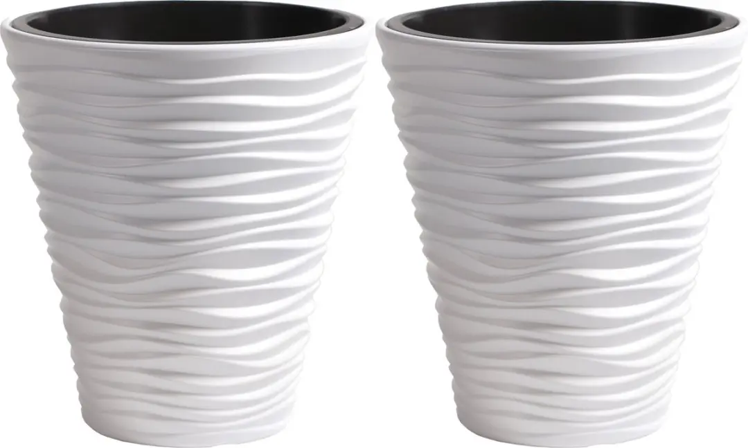 Prosperplast Plantenpot Sand Dunes - 2x - buiten/binnen - kunststof - wit - D30xH33 cm - bloempot met binnenpot