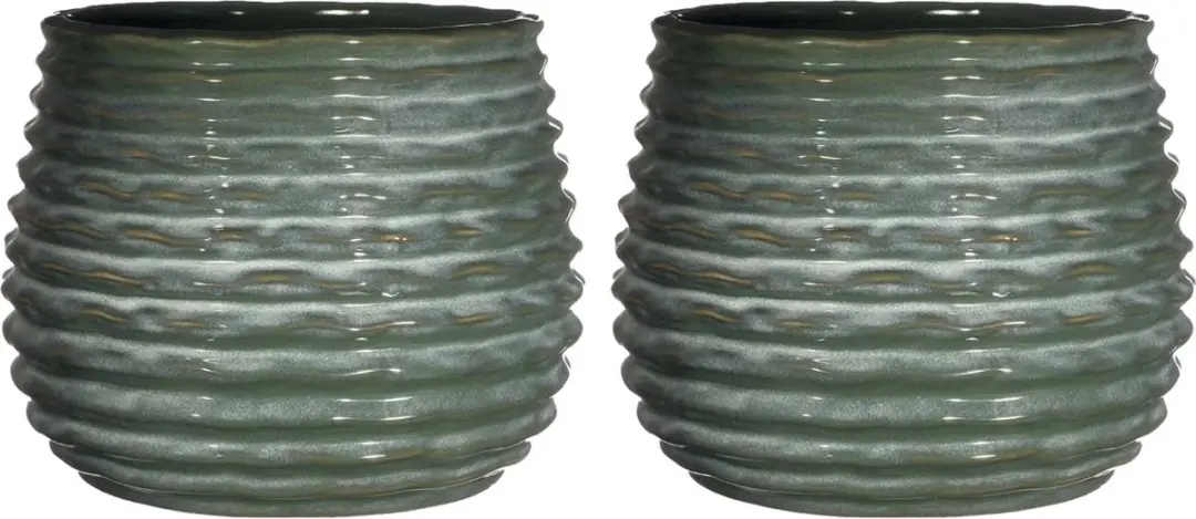 Ideas4seasons Bloempot/plantenpot Rise - 2x - ribbel - donkergroen - voor kamerplant - D16 x H13 cm