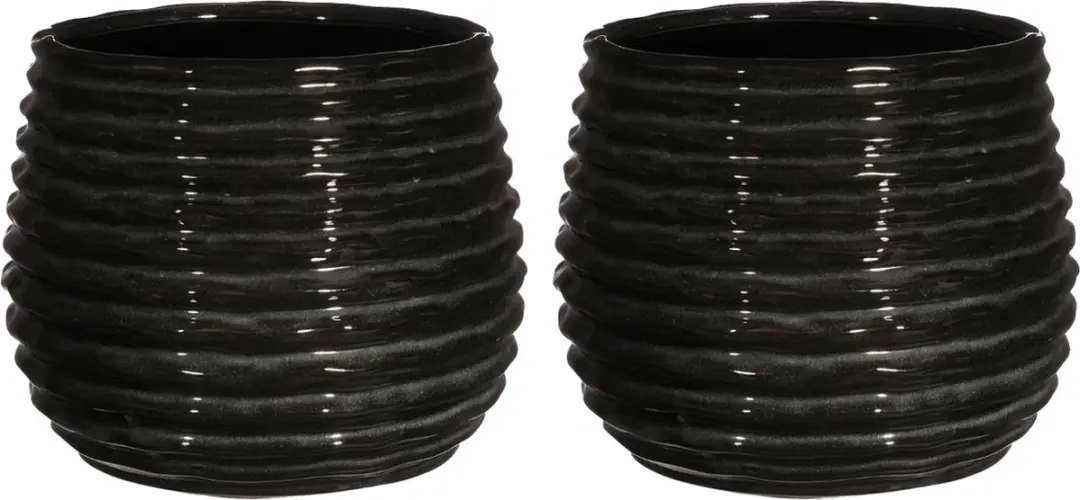 Ideas4seasons Bloempot/plantenpot Rise - 2x - ribbel - zwart - voor kamerplant - D16 x H13 cm